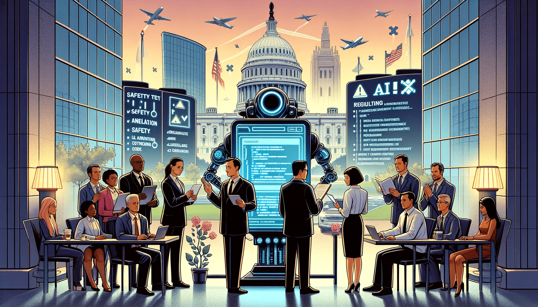 Create an illustration in American comic book style for a blog thumbnail. The scene is set in Washington D.C., featuring a diverse group of people gathered around a large, metallic, futuristic AI system. In the background, iconic Washington D.C. buildings can be subtly seen. The AI system displays screens with code and safety checklists, symbolizing regulation and oversight. The diverse group consists of a Caucasian female developer holding a report marked 'Safety Test', a Black male government official inspecting a document labeled 'Risk Assessment', and a Hispanic male engineer working on a laptop with AI algorithms on the screen. They are in a serious discussion, reflecting the gravity of AI safety and regulations. The atmosphere should convey a balance between enforcement and innovation, with a slight hint of public concern. Include elements such as 'AI', 'Regulation', and 'Safety' subtly integrated into the design.