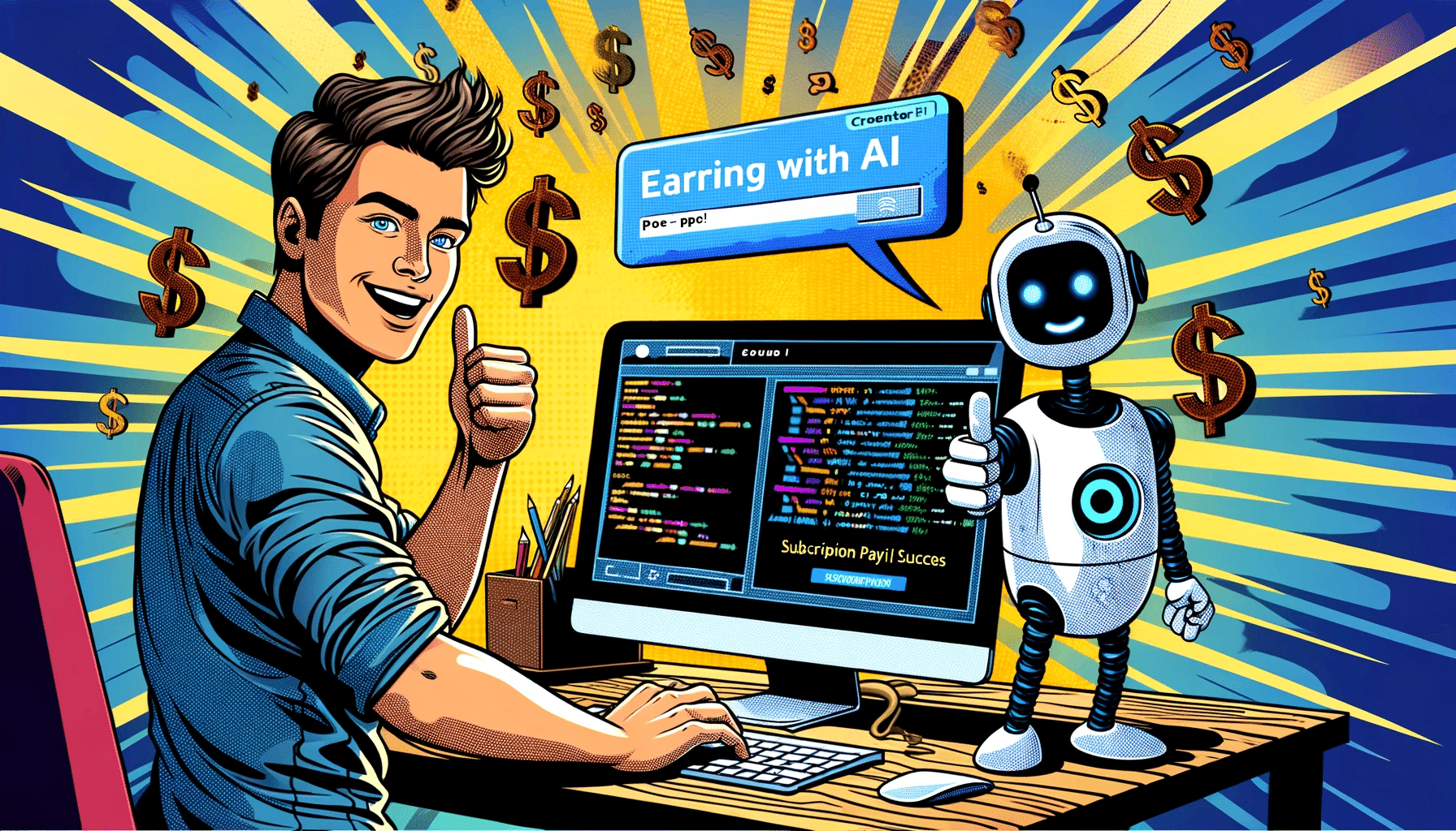 Create an illustration in the American comic style for a blog thumbnail, featuring a dynamic scene of a creator at their computer, coding an AI chatbot named 'Poe'. The chatbot's interface should be visible on the screen, with lines of code and a dialog box showing a subscription payment success message. The creator, a Caucasian male with short brown hair wearing casual tech attire, is giving a thumbs up. In the background, stylized dollar signs should be floating around to represent the monetization aspect. The image should convey excitement and innovation, with bold colors and strong lines typical of American comic art, with a text bubble saying 'Earning with AI!' Ensure that the artwork captures the essence of a new revenue-sharing program in the AI chatbot platform industry.