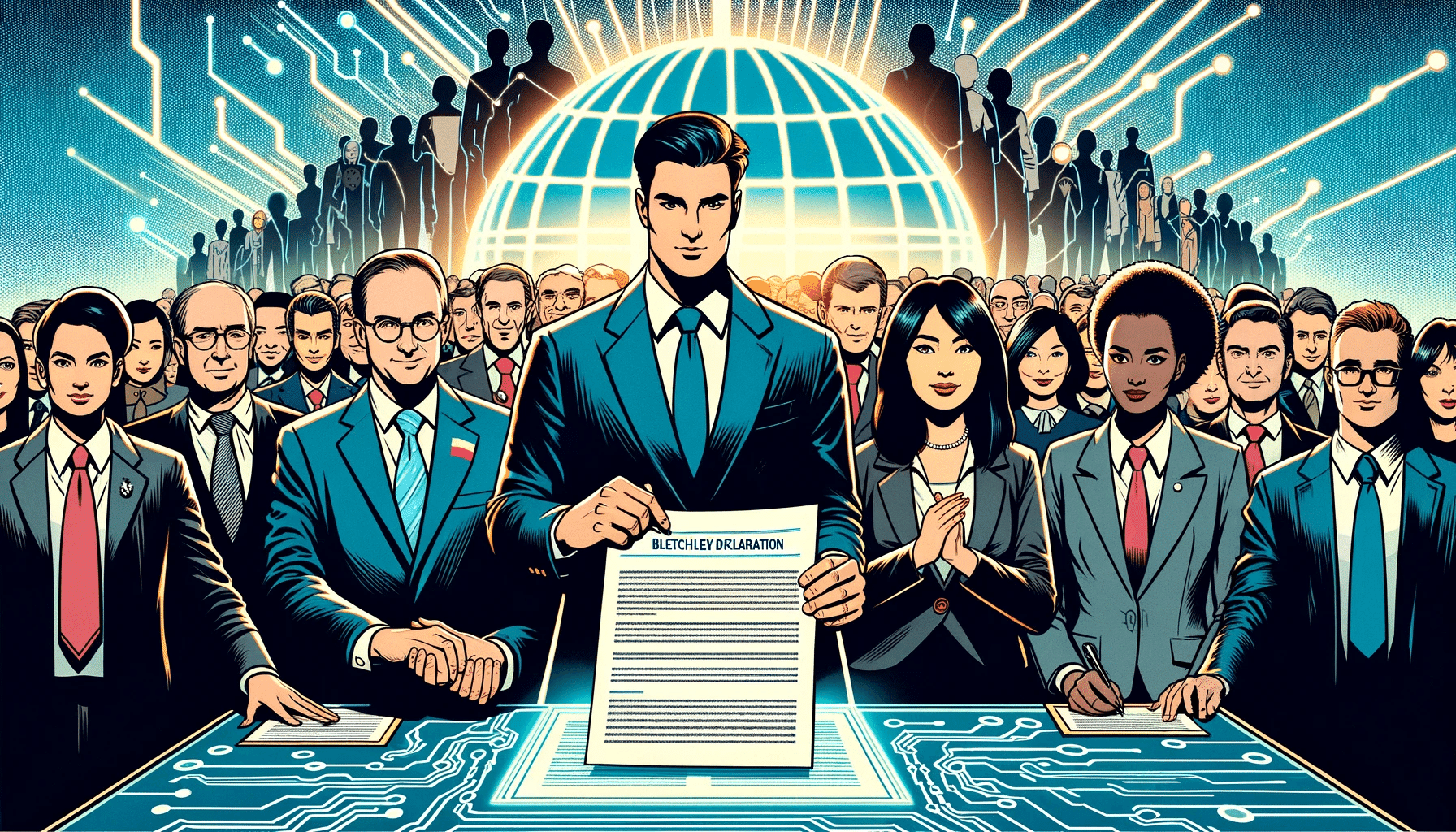 Create an illustration in the American comic book style for a blog thumbnail that represents the signing of a declaration for joint management of AI risks by the US, EU, China, and over 25 other countries, referred to as the 'Bletchley Declaration'. The image should depict a diverse group of representatives from the US (a Caucasian man), EU (a Hispanic woman), and China (an Asian man), standing around a table, placing their hands on a document with the title 'Bletchley Declaration'. Include subtle motifs of AI, like circuit patterns or holographic projections of a globe, symbolizing the global effort. The background should show the silhouette of a crowd, indicating the presence of more countries. The style should have bold lines, dynamic composition, and a vibrant color palette typical of American comics. Make sure the focus remains on the unity and historic significance of the event.