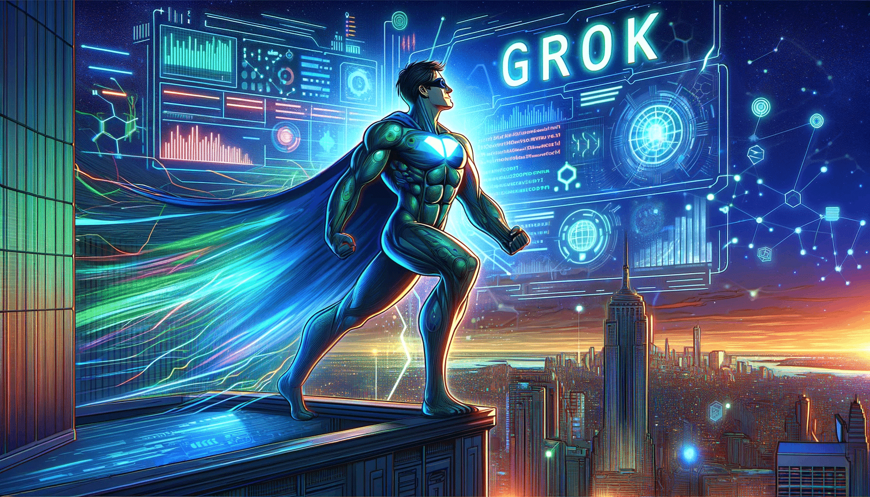 Create an illustration for a blog thumbnail in the style of an American comic book. The illustration features a powerful and intelligent superhero named 'Grok' standing triumphantly in a dynamic pose on top of a skyscraper. Behind Grok, a digital skyline glows with data streams and code matrixes signifying a connection to real-time global information. In the foreground, a futuristic, holographic interface displays the name 'Grok' in bold, digital lettering and symbols that suggest advanced technology and AI. There should be a sense of energy and forward momentum, with light beams and digital elements suggesting rapid evolution and knowledge acquisition. The color palette includes vibrant blues, greens, and cyberspace-inspired neon. The scene is set at twilight, highlighting the transition to a new era of information and understanding.