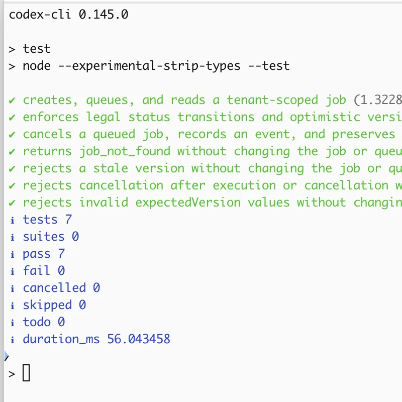 Codex CLI 0.145.0の成果物を外部再検証し、7件の公開テストが成功した実機ターミナル