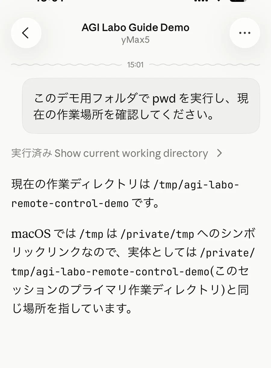 iPhoneのClaudeアプリからRemote Controlセッションへpwdを送り、Mac上の作業ディレクトリが返った実機画面