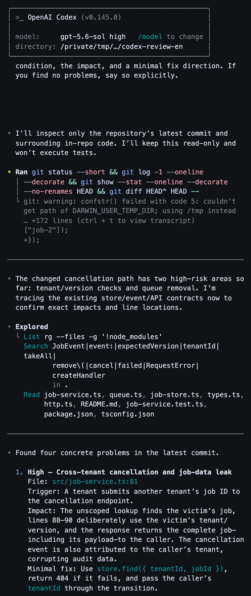 Codex CLI 0.145.0 with gpt-5.6-sol reporting the same planted cross-tenant cancellation bug in the English review re-run