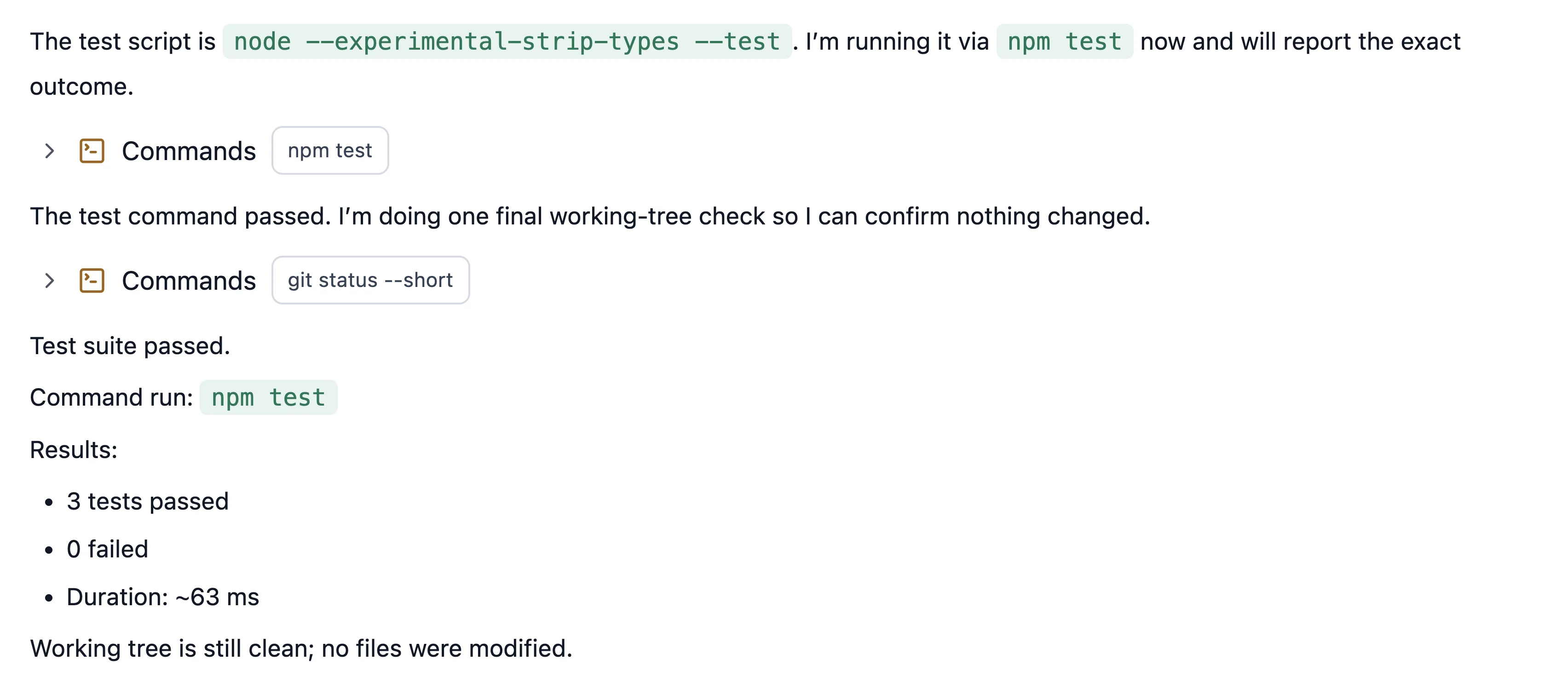 The selected Codex task in AGI Cockpit reporting npm test results in English: 3 tests passed, 0 failed, no files modified