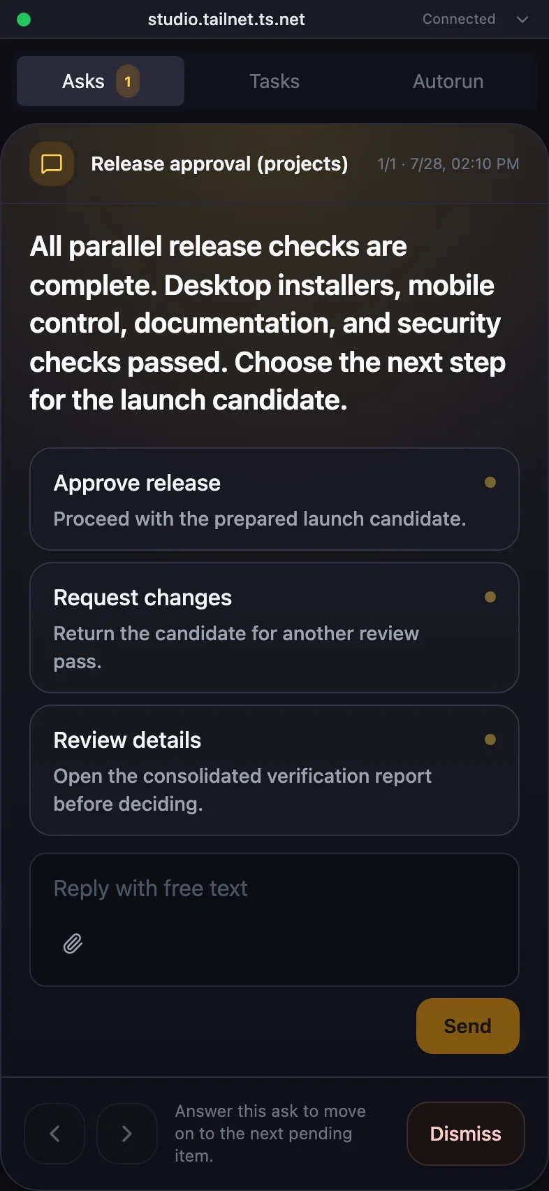 Approving an agent's decision with tappable choices from the AGI Cockpit mobile view (demo data)