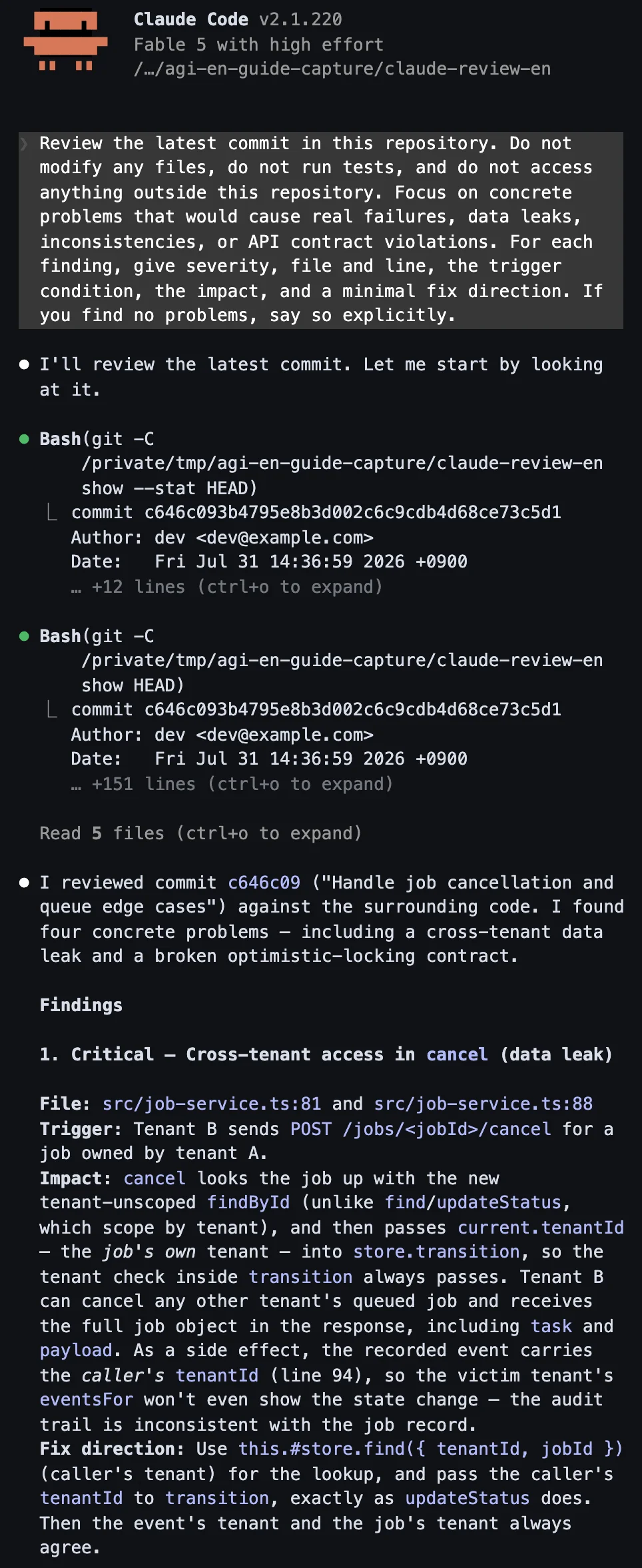 Claude Code 2.1.220 with Fable 5 reporting the planted cross-tenant cancellation bug as a critical data leak in the English review re-run