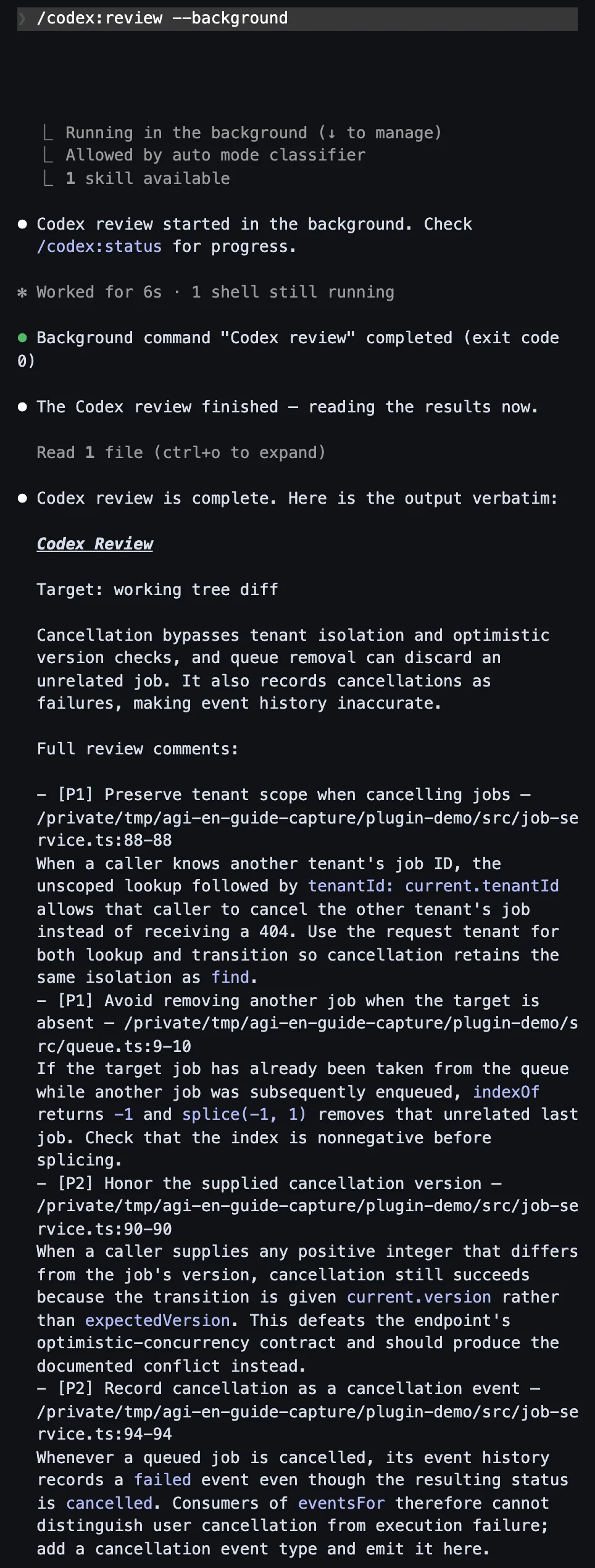 Claude Code 2.1.220 running /codex:review --background through the official plugin, with Codex CLI 0.145.0 returning four review findings on the working-tree diff